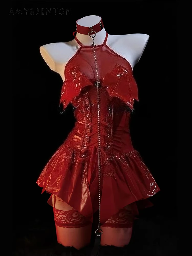 

2026 Summer Sexy Hot Girl Halloween 2D Black COS Uniform Red See-Through Slim PU Short Dress Necklace Stockings Set