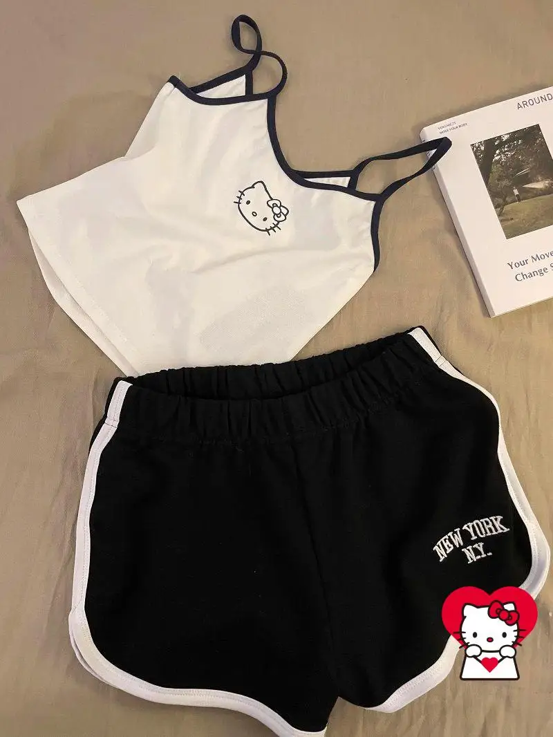 

Пижама Hello Kitty с нагрудником Sanrio, пижама на подтяжках, 2 шт., новый стиль для девочек и студентов, модный милый жилет, домашняя одежда с героями мультфильмов