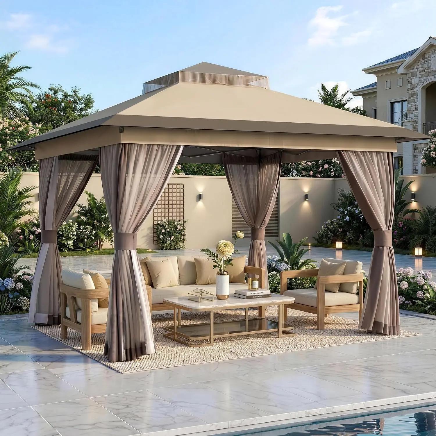 Pop Up Gazebo 11'x11' Canopy Tent Outdoor Ventilated Roof Waterproof UV Mosquito Netting Portable Party Backpack, Customized