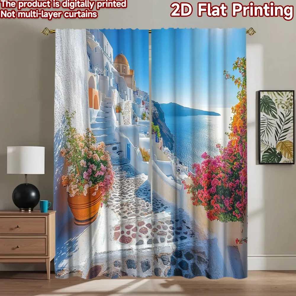 2D flat 2pcs Curtain Country Style Santorini Seaside Alley Durable polyester fiber Festive Holiday Perfect for Yard & Garden