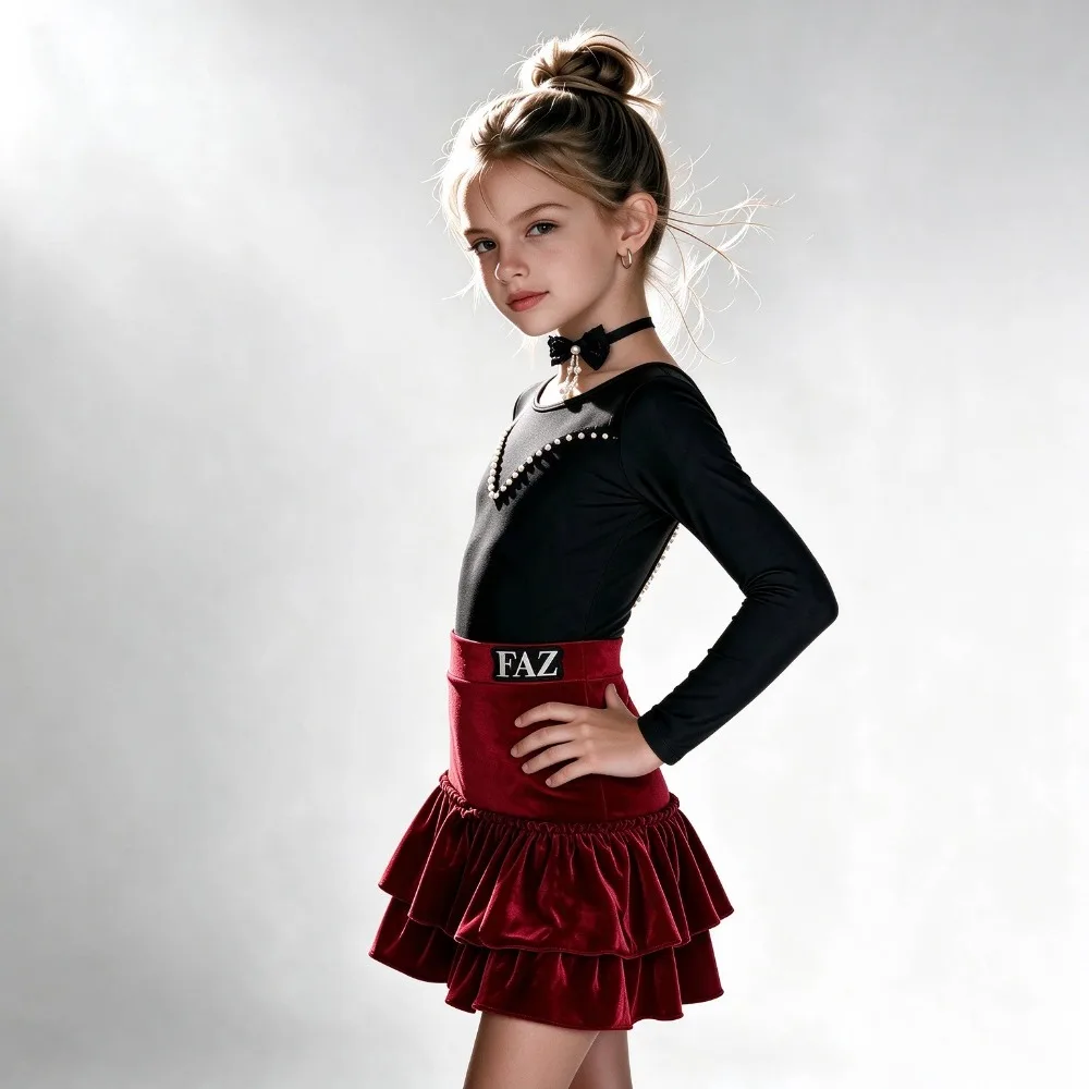 Children's Velvet Dancewear Practice Performance Long Sleeve Bodysuit and Skirts Kids Girls Latin Dance Practice Dress