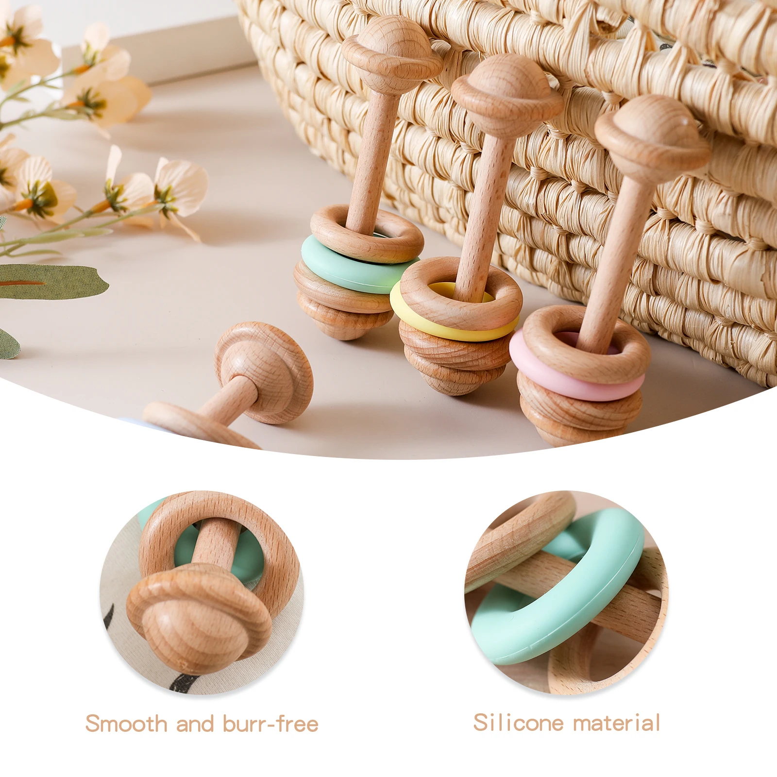 BPA-freie Babyspielzeuge Holzrasseln Silikon-Ringrasseln und Mobiles für Babys 0–12 Monate Sensorische Spielzeuge Holzbeißring Babygeschenke – Detail 1