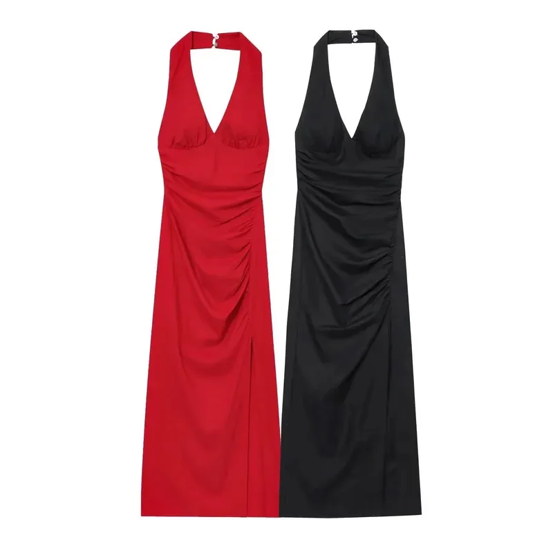 ผู้หญิงฤดูร้อนสไตล์ใหม่ผ้าไหมซาตินชุดเซ็กซี่สีดํา high-end อารมณ์ Elegant Holiday PARTY กระโปรงยาว