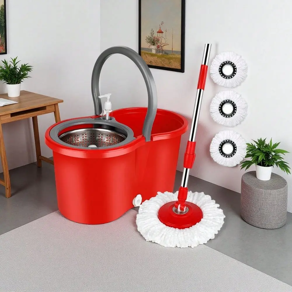 

Mop And Bucket With Wringer Set, 360 Spinning Mop Bucket System With 3 Microfiber Mop Replacement Heads, Adjustable Handle For