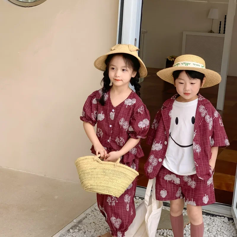 

Sister Brother Matching Clothes Beach Girl Dress Kids Vacation Look Shirt+Shorts Summer Outfits 2024 Korean Children Clothing