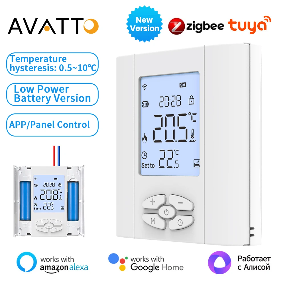 AVATTO Tuya ZigBee Smart Thermostat Low Power Battery Version For Water Gas Boiler/Valve Actuator Works With Alexa Google Home