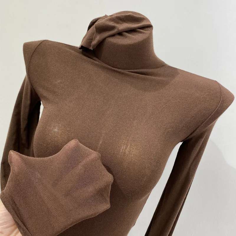 Dünnes, weiches amerikanisches Langarm-T-Shirt mit hohem gestapeltem Ausschnitt, enge Perspektive, Unterhemd für Damen, Slim-Fit-Tops, sexy Streetwear – Detail 19