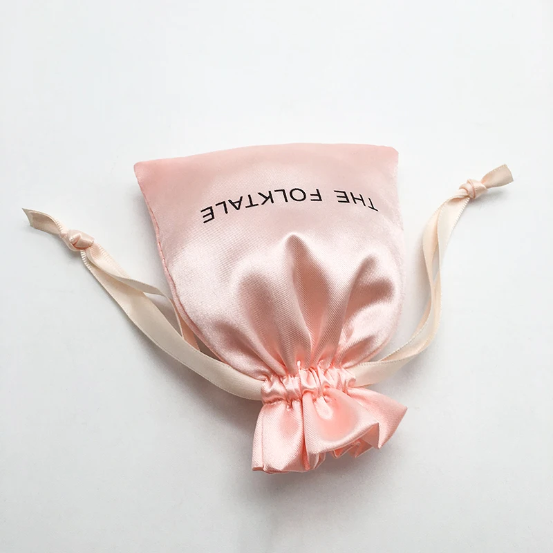 Custom Print Logo Satin Gift Bag Packaging Cosmetic Makeup Jewelry Ring Necklace Silk Drawstring Pouch Party Storage Sachet 50P