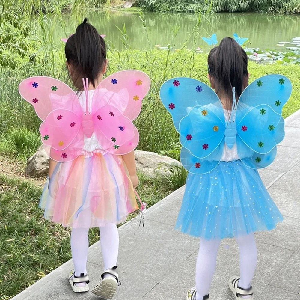 3/4Pcs/Set Double Layers Girls Led Flashing Light Fairy Butterfly Wing Wand Headband Costume Toy Gift