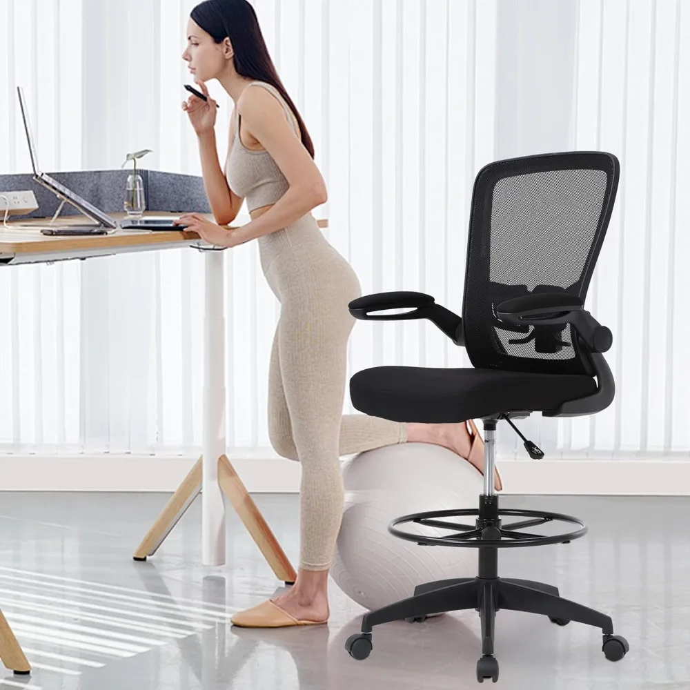 Ergonomic Drafting Chair Tall Office Chair High Adjustable Standing Desk Chair with Lumbar Support Mesh Back Footrest Flip-Up