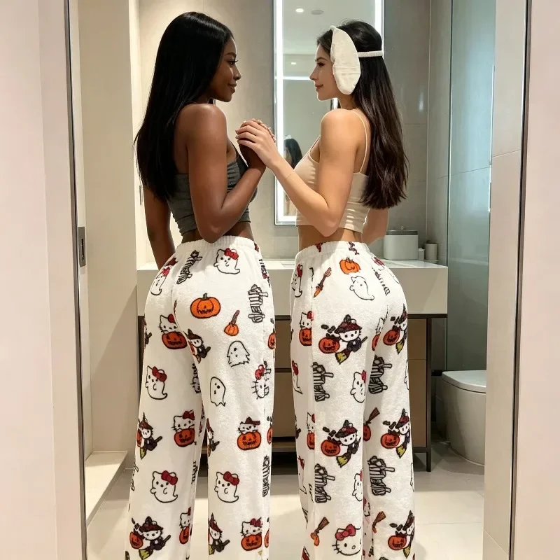 Cute Halloween Print Flannel Pajama Pants Fleece Coral Soft Warm Wide Leg Sleep Trousers Casual Home Adults-kids Birthday Gift