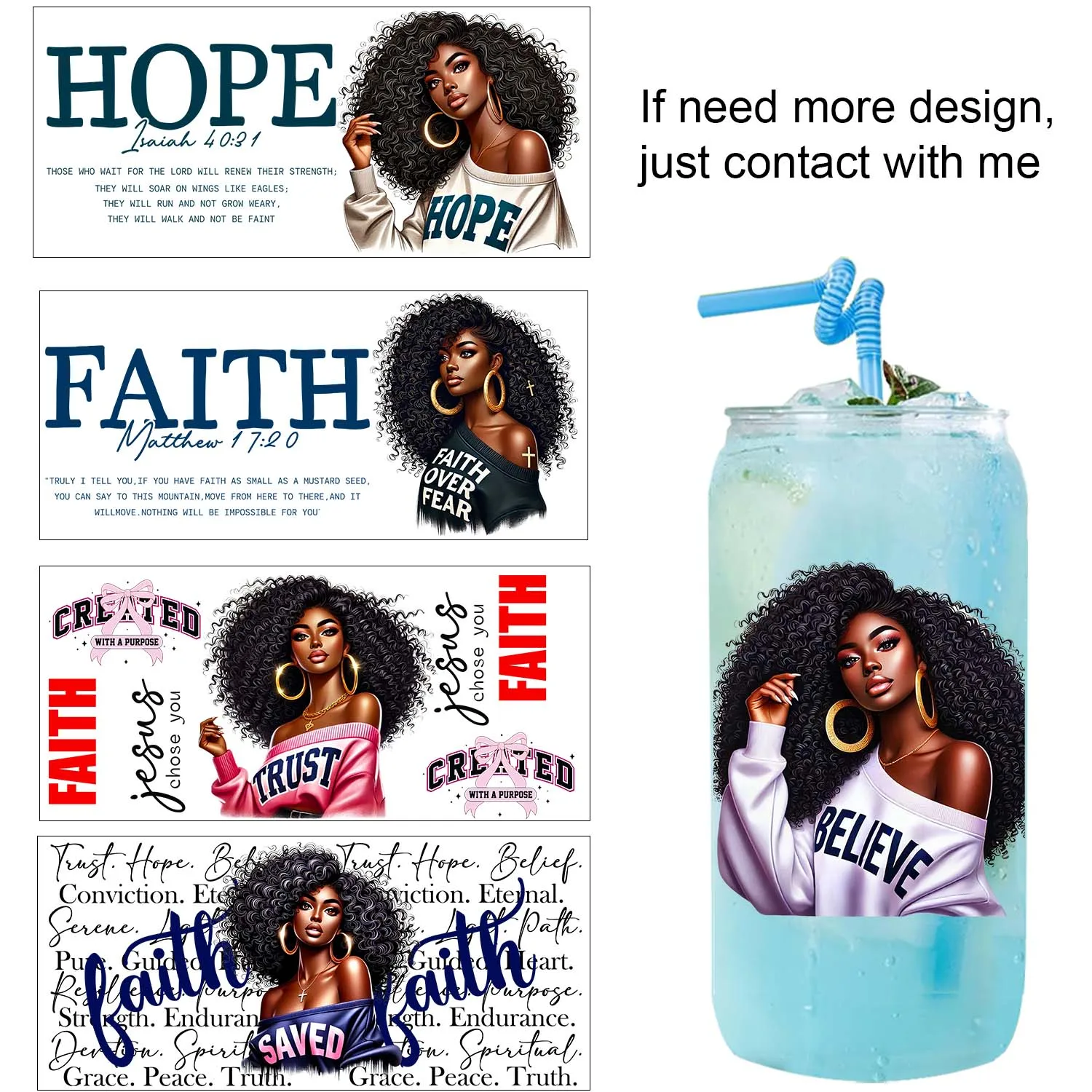 Black women Afro Style Faith 16oz UV waterproof Party DIY Decals 3D transfers uvdtf tumbler seal stickers 16oz uv dtf cup wraps