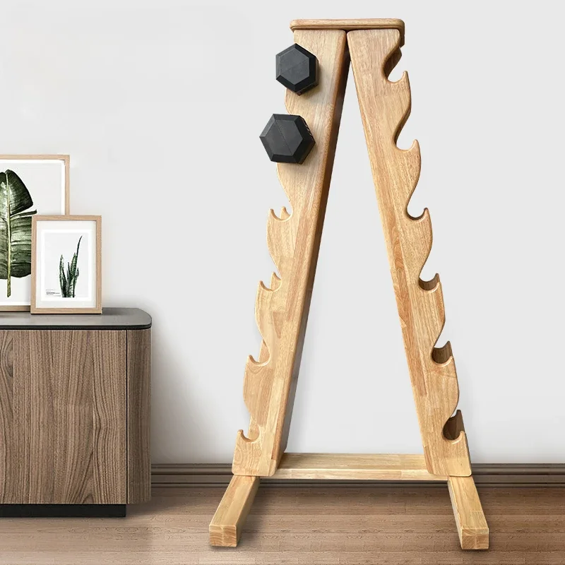 A Shape Walnut Teak Wood Compact Dumbbell Rack Stand Barbell Rack Weight Rack for Dumbbells