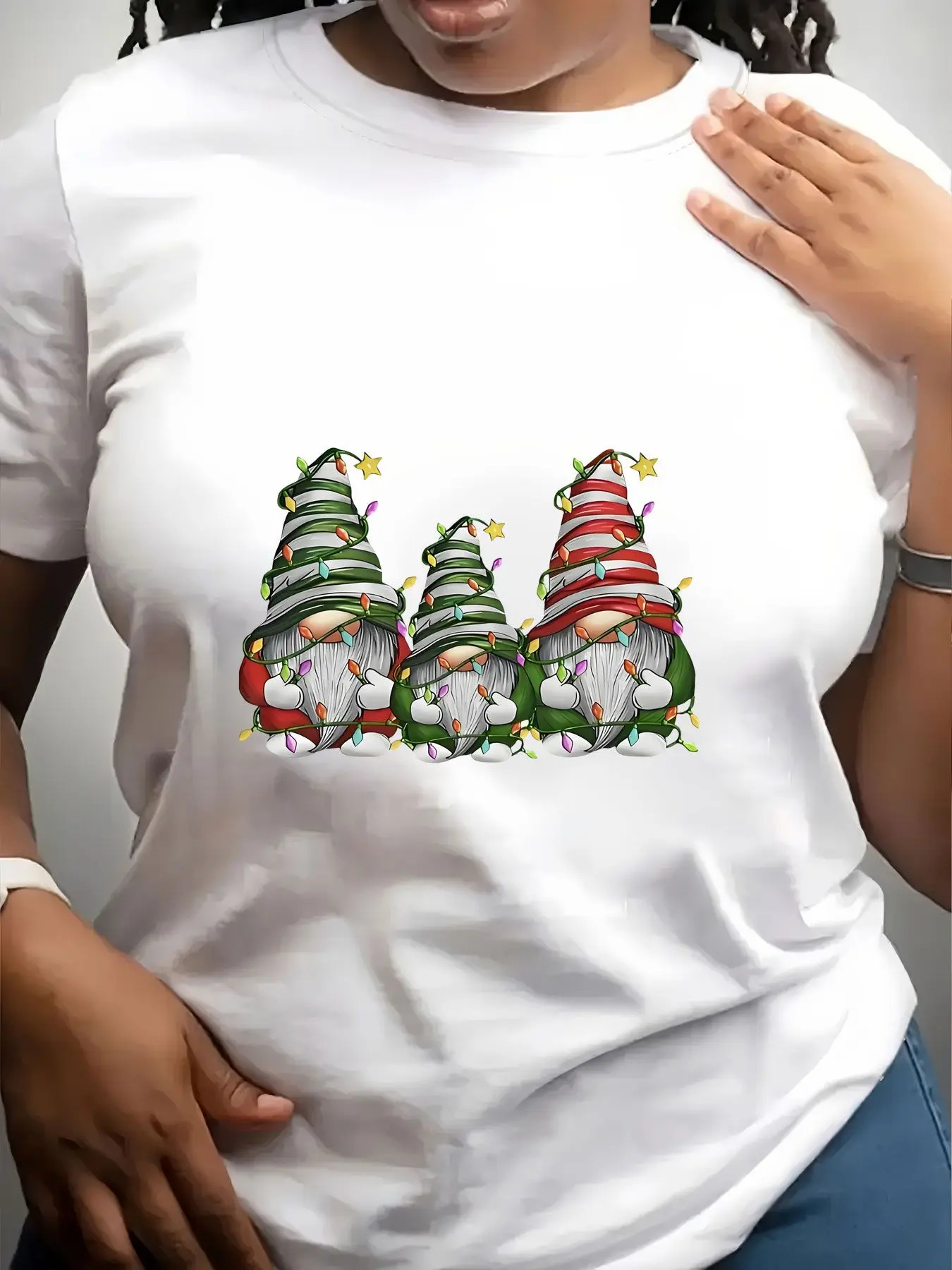 Women's Trendy Crew Neck T-Shirt Three Christmas Gnomes with Lights Suitable for Casual Sportswear