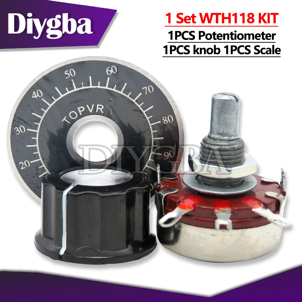 1 set = 3PCS  WTH118 with knob / scale 5K 10K 100K 500K 200K 100 ohm Potentiometer WTH118-1 1k 2k2 4k4 22k 74k