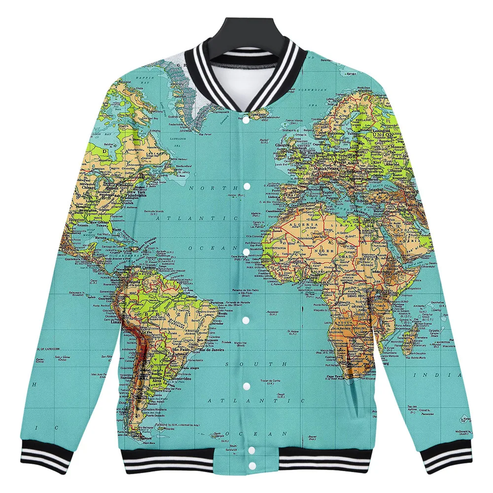 

World Map 3D Print Zip Up Baseball Jacket Men Bomber Jacket Outerwear Streetwear Hip Hop Baseball Uniform Casual Tracksuit