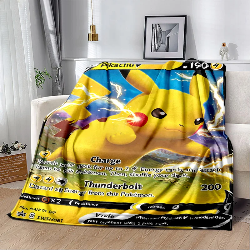 2025 New Pikachu Pokemon Gold Cards Cartoon Gift Soft Plush Blanket,Flannel Throw Blanket for Living Room Bedroom Bed Sofa Kids