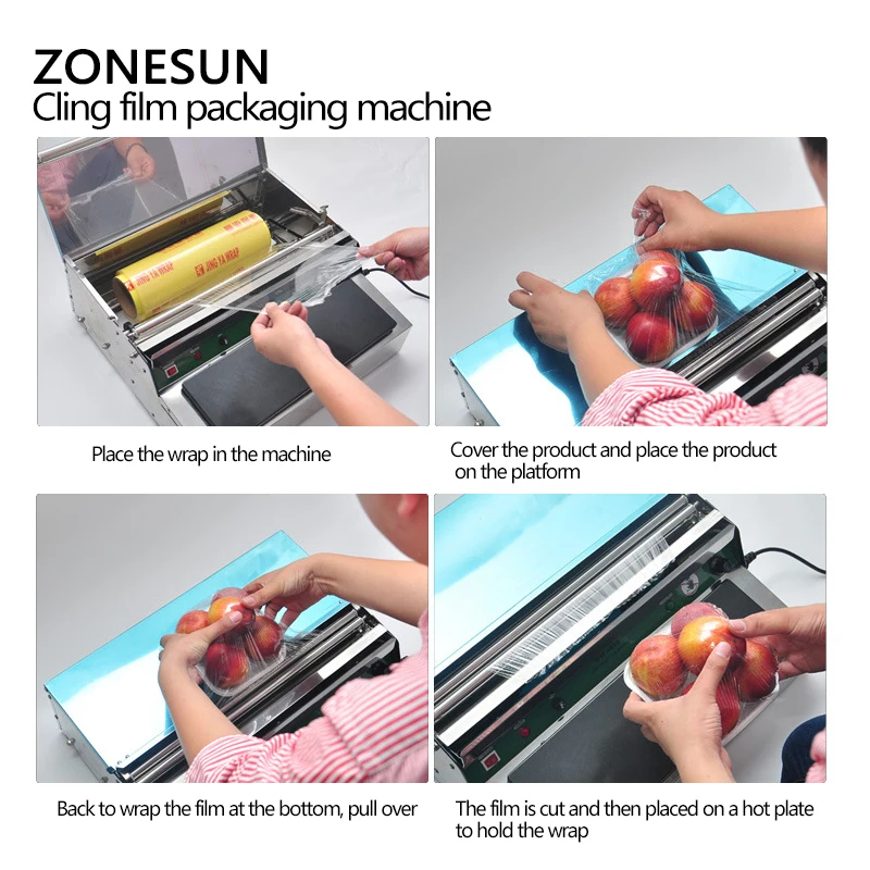 Упаковочная машина ZONESUN из нержавеющей стали, упаковочная пленка для пищевых продуктов, фруктов, овощей