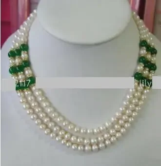 3 Rows 7-8mm White Pearl Green Jade Crystal Clasp Gems beads Necklace 17-19'' AA