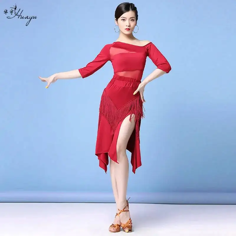 Spring Fashion Dance Autumn Latin Dance New International Ballroom Dance Mesh Sexy Tassel Skirt Set for Adult Women