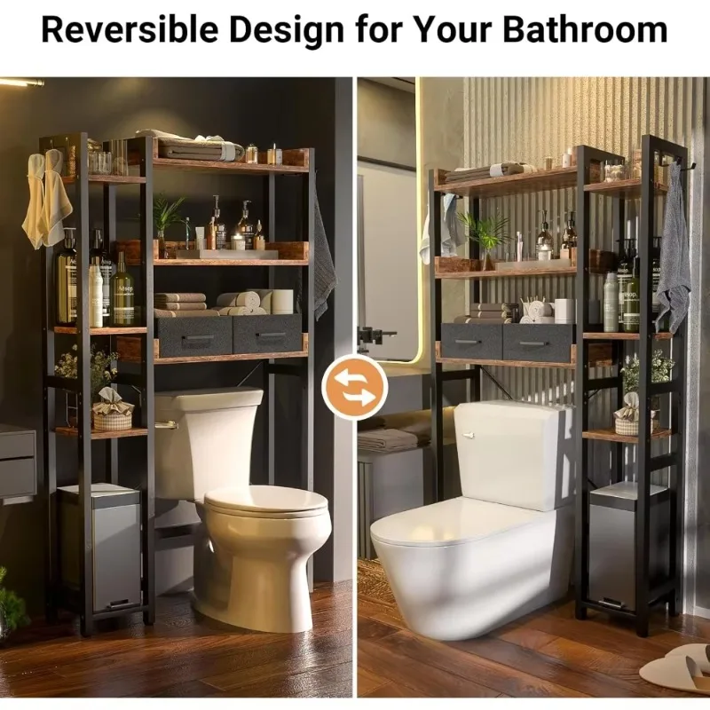 

Bathroom Cabinet, Over The Toilet Storage with 2 Drawer -7 Tier Bathroom Organizer with Adjustable Shelf, storage shelf w/4 Hook