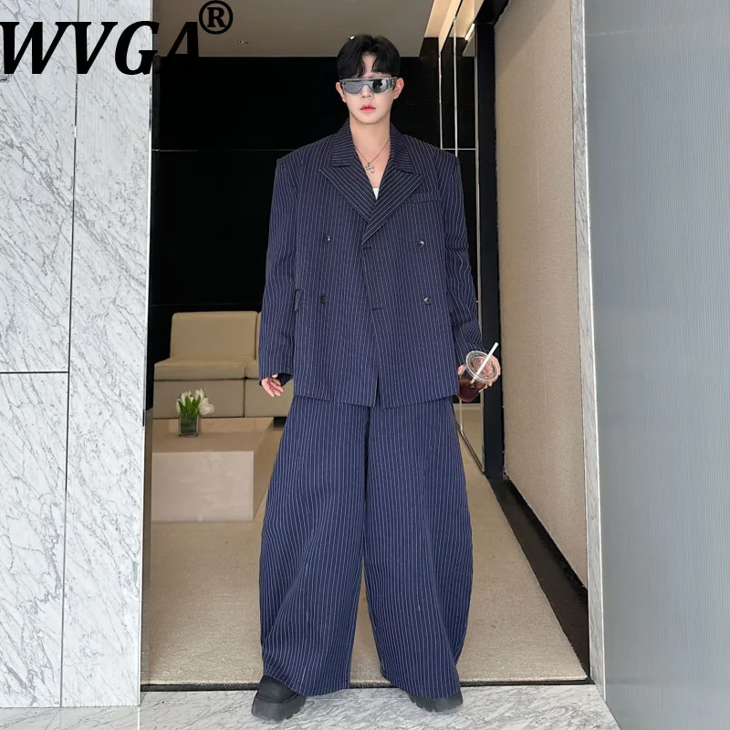 WVGA Spring Autumn New Men's Striped Wide-Shoulder Double-Breasted Blazer Niche Chic Casual Wide-Leg Pants Two Pieces Set W27061