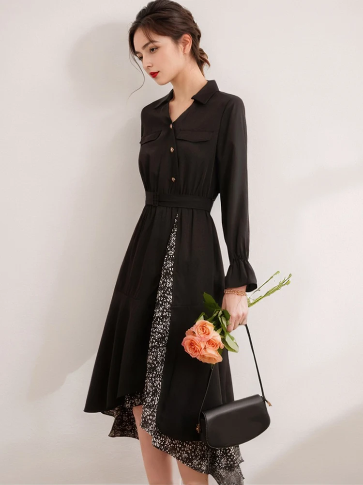 Outono preto retalhos floral babados midi vestido feminino manga longa gola polo camisa vestido 2025 coreano vintage hepburn vestidos