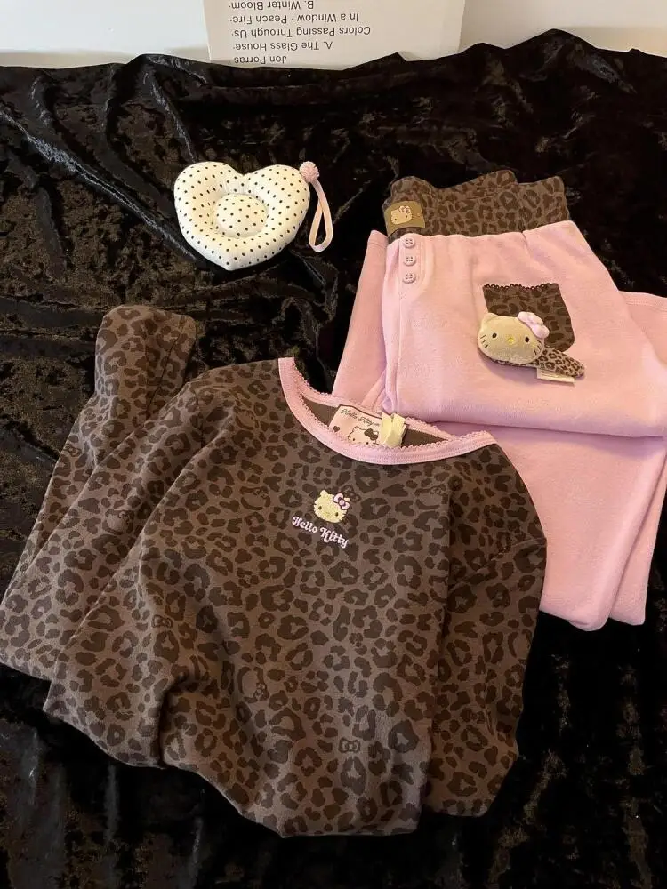 

Cute Women Pajamas Suit Hello Kitty Sanrio Anime Leopard Print Homewear Sleepwear Autumn Winter Girls Kawaii Long Sleeves Pants