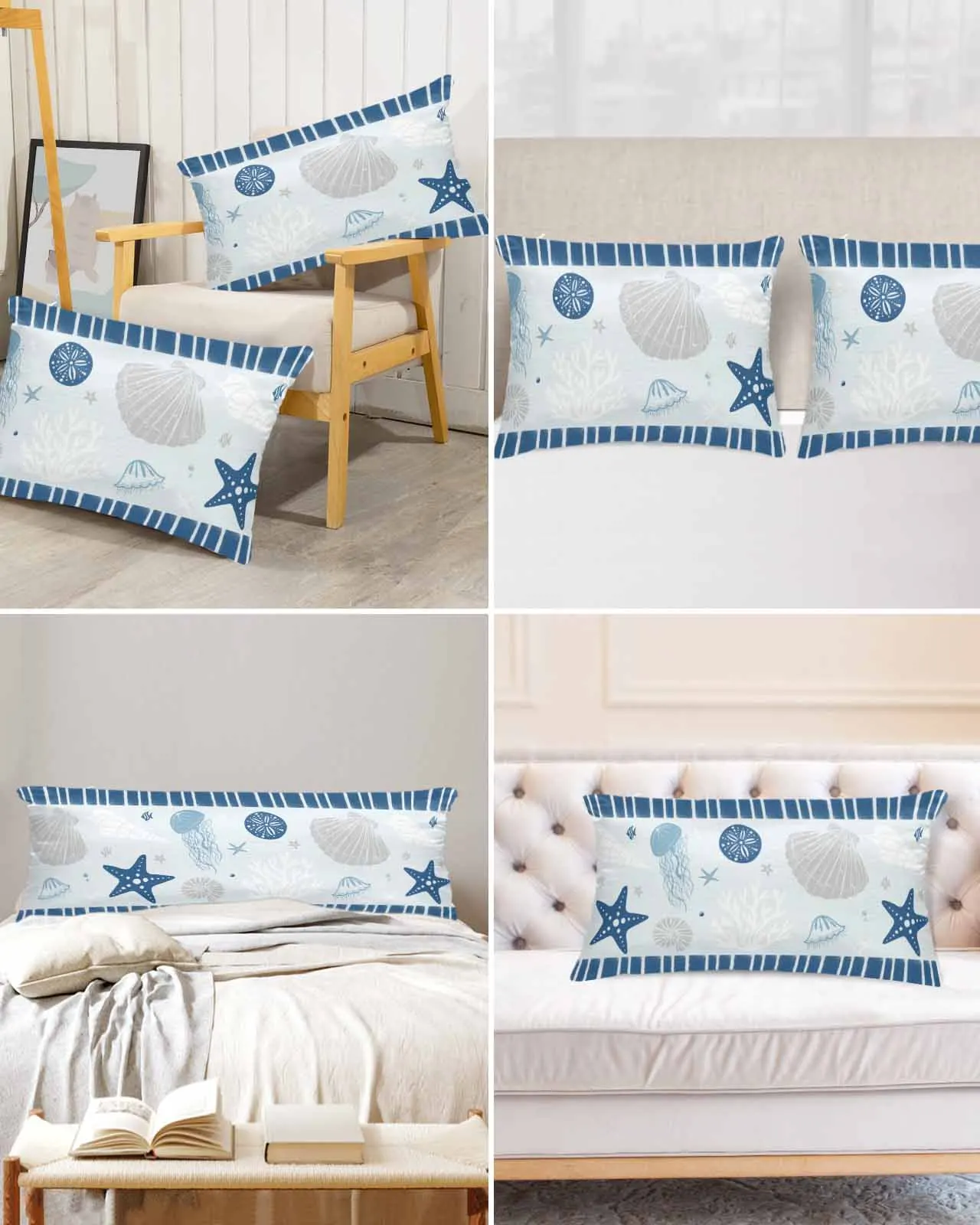 Ocean Striped Starfish Shell Jellyfish Coral Conch Blue Bed Satin Pillowcase Sofa Pillow Cover Case Bedroom Satin Cushion Covers