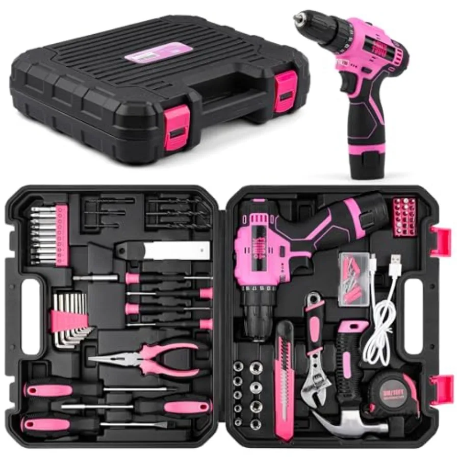 

152PCS Home Tool Kit with 12V Cordless Drill Pink
