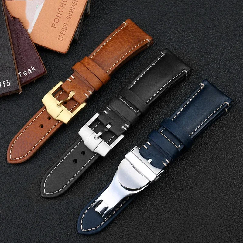 Top Quality 22mm Brown black Vintage retro Italy Genuine Leather Watchband For Tudor Strap watch band Butterfly buckle Belt