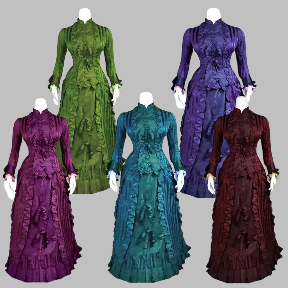 

Полосатое платье с рюшами 1860-х годов, викторианское эдвардианское герцогиня, готический прогулочный костюм, гражданская война, бальное платье Southern Belle для вечеринки