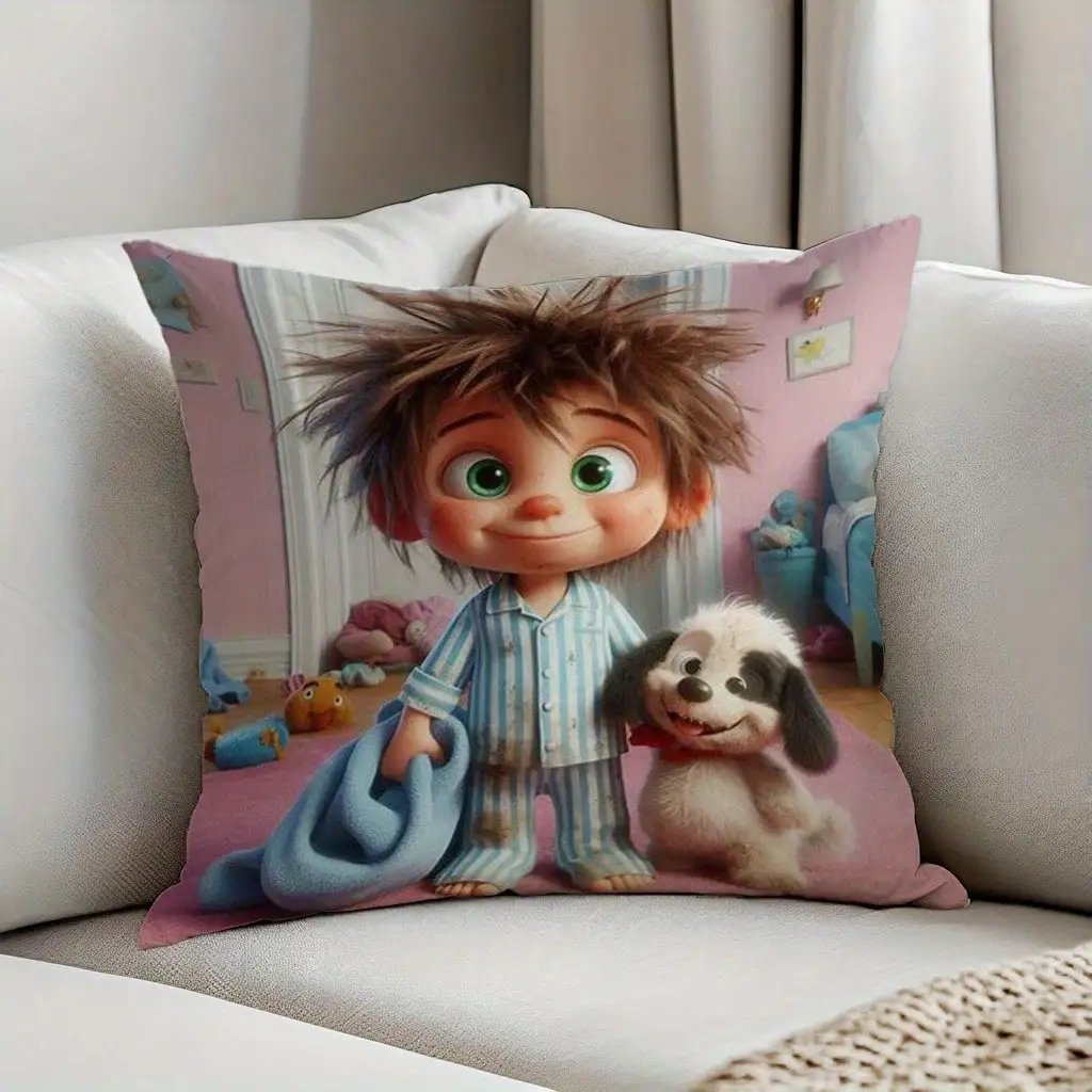 

1pc, "Bedroom Companion - Little Boy and Pet Daily Life" High-Quality Square Printed Plush Pillowcase