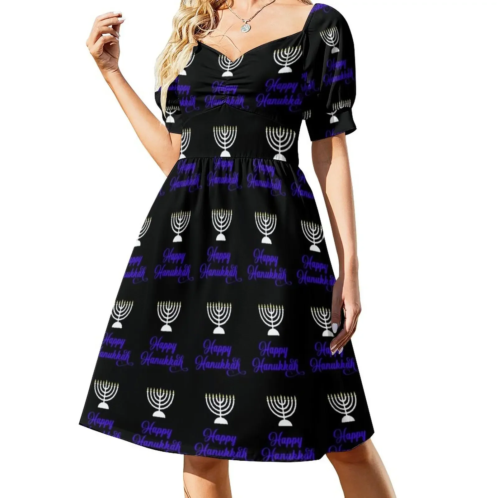 

Happy Hanukka Blue White Menorah Candles Short-Sleeved Dress women's evening dresses Woman clothing purple dress