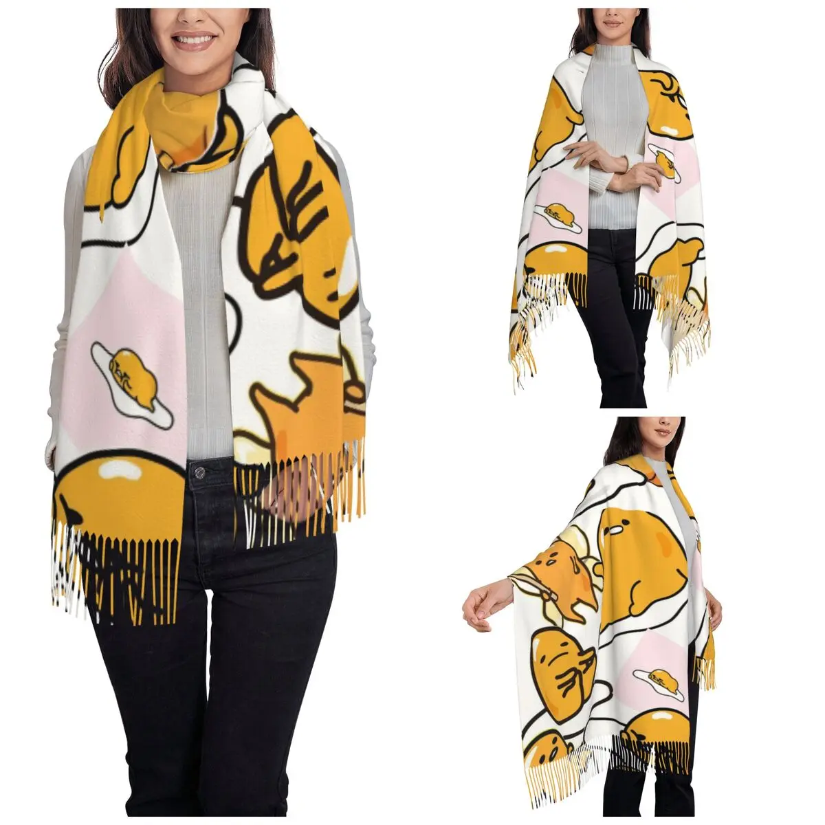 Gudetama Cute Egg Cartoon Scarf for Women Warm Winter Pashmina Shawl Wrap Long Large Scarves with Tassel Lightweight