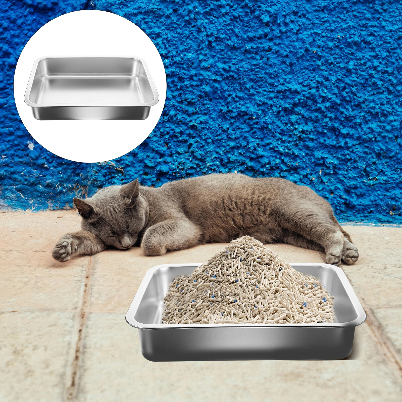 Caja de arena para gatos de acero inoxidable, bandeja para conejos, inodoro poco profundo de gran capacidad, juguete automático