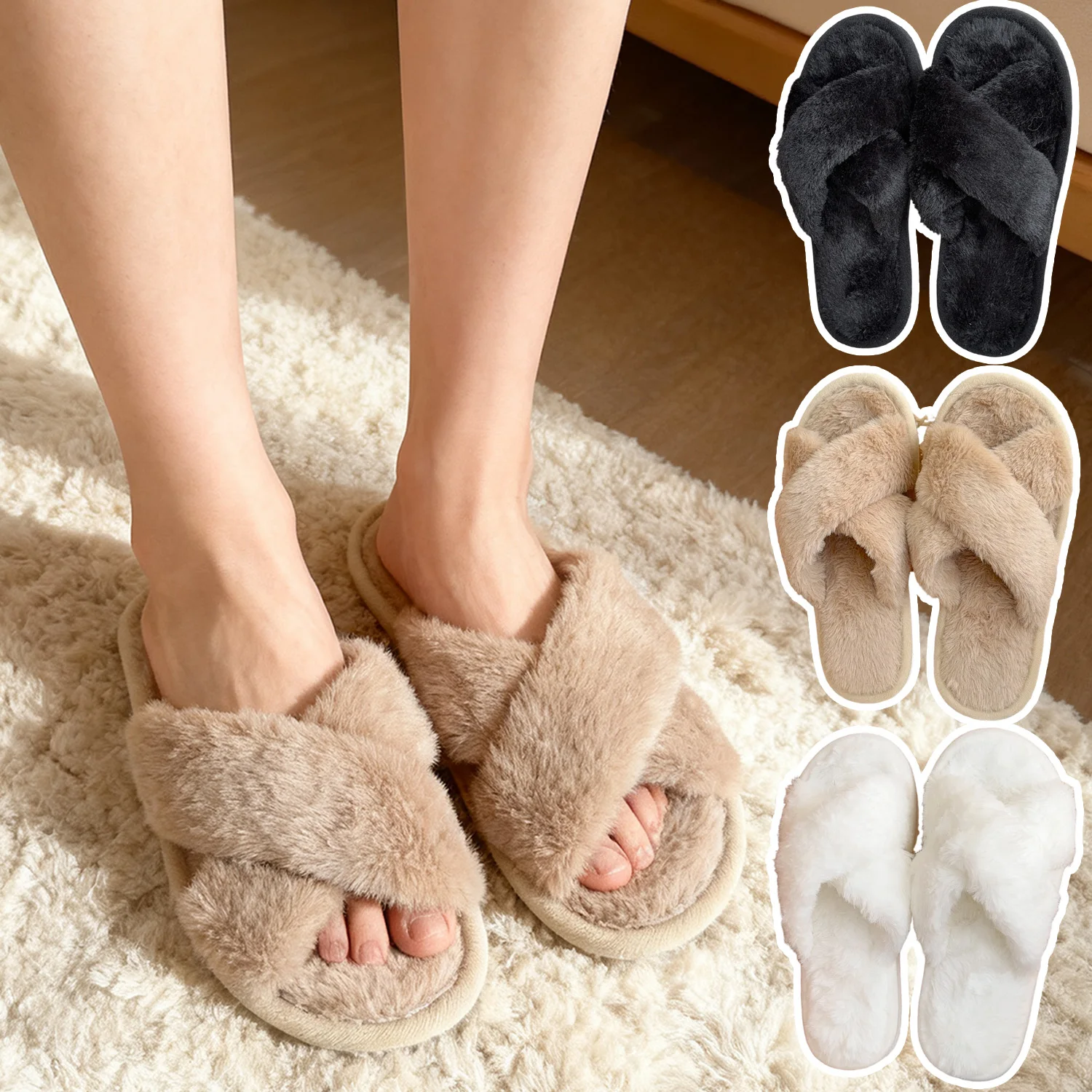 2025 شبشب منزل النساء أربعة مواسم جديد المفتوحة تو الفراء الدافئة أفخم مريحة خفيفة الوزن شقة أحذية المنزل النعال مريحة #4