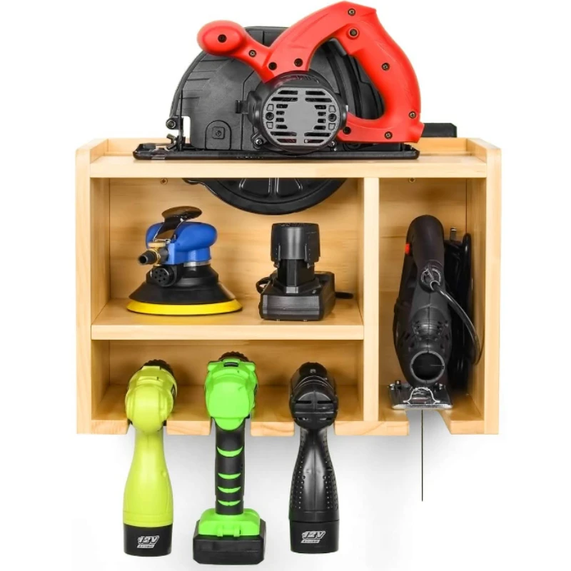 custom Wooden Power Tool Organizer with Circular Saws Holder, 3 Drill Charging Station, Power Drill Storage Wall Mount