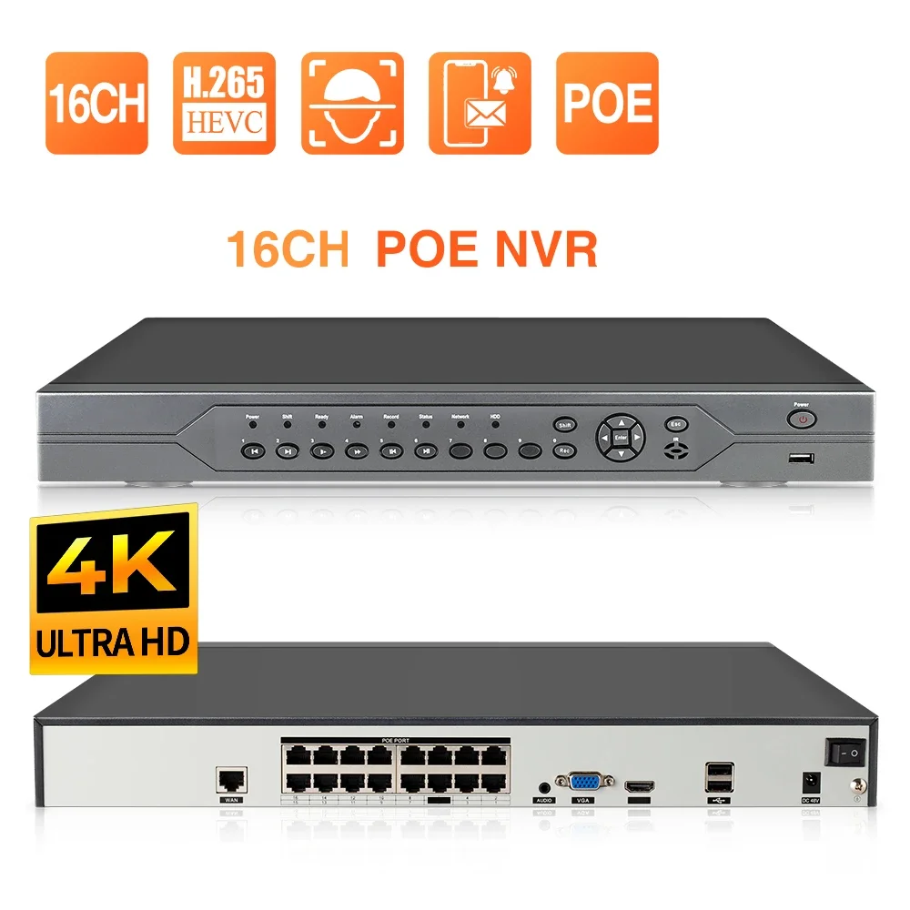 Techage 16CH 4K POE NVR Video Recorder H.265 48V for POE IP Camera CCTV System P2P Network Security Surveillance Camera