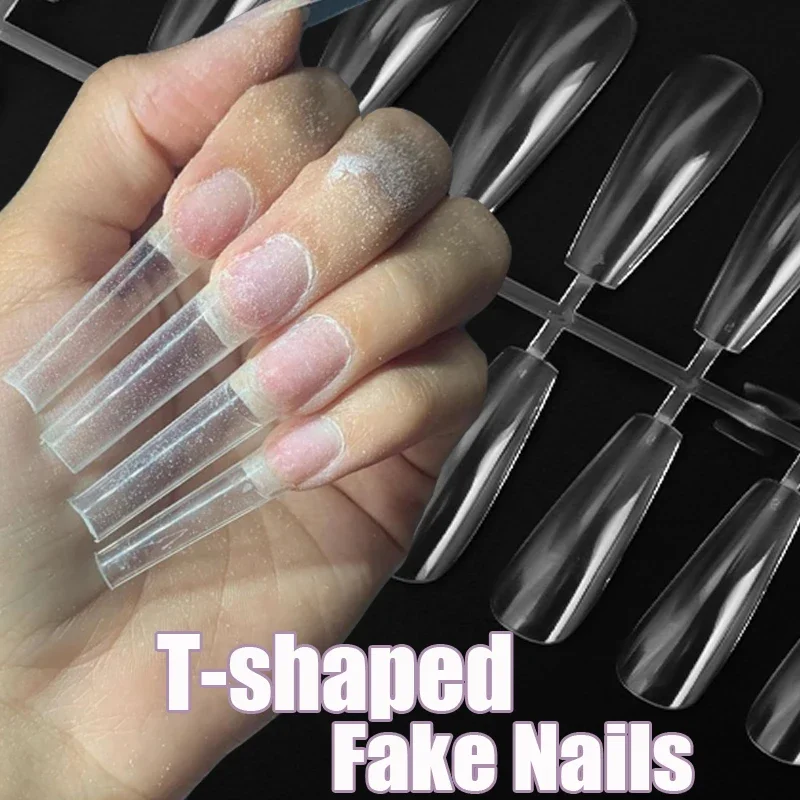 Quick Extension Full Cover Fake Nails Clear T-shaped Square Water Drop Coffin False Nails Tips Finger Extension Nail Art Mold