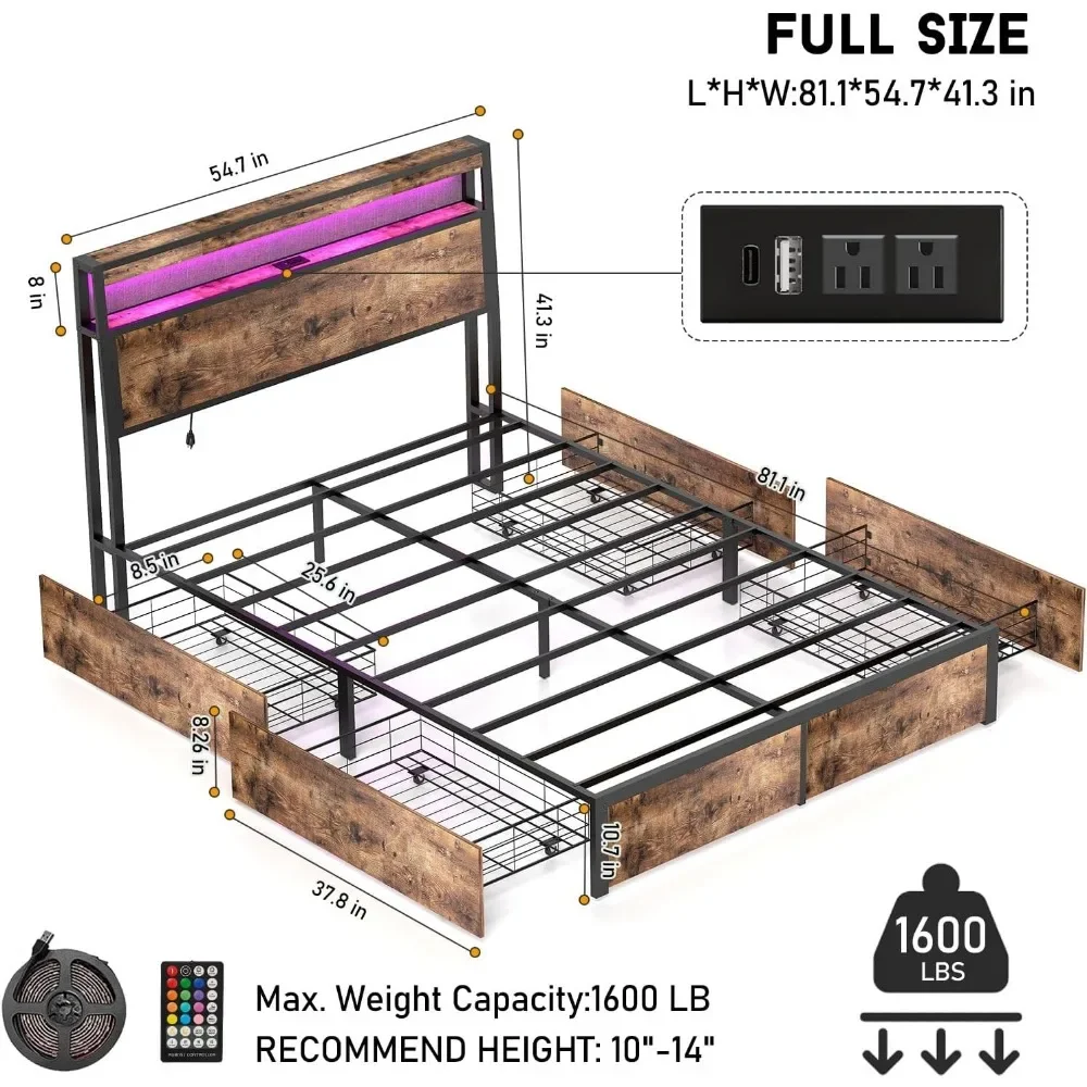 LED Bed Frame with 4 Storage Drawers and Headboard, Charging Station and 2 Tier Solid Wood Headboard Storage, Full Bed Frame