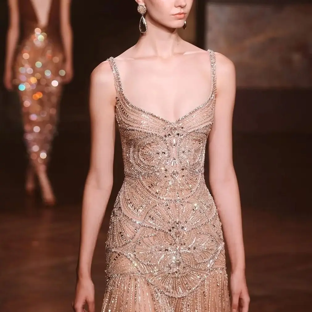 

Ofherown Роскошные вечерние платья трапециевидной формы с кристаллами и бисером на бретельках Chanpagne Illusion Длинные платья для выпускного вечера по индивидуальному заказу