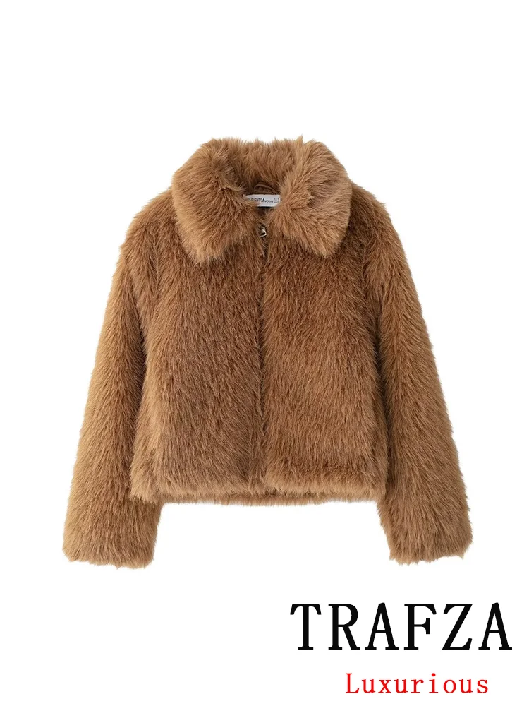 TRAFZA Vintage Casual Hairy Women Jackets Solid Turn-down Collar Long Sleeve Warm Coat New Fashion 2024 Autumn Winter Outwear