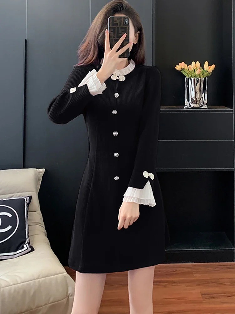 Autumn Winter Red Corduroy Chic Ruffled Collar Mini Dress Women Elegant Luxury Prom Clothes 2024 Korean Vintage Bodycon Vestidos