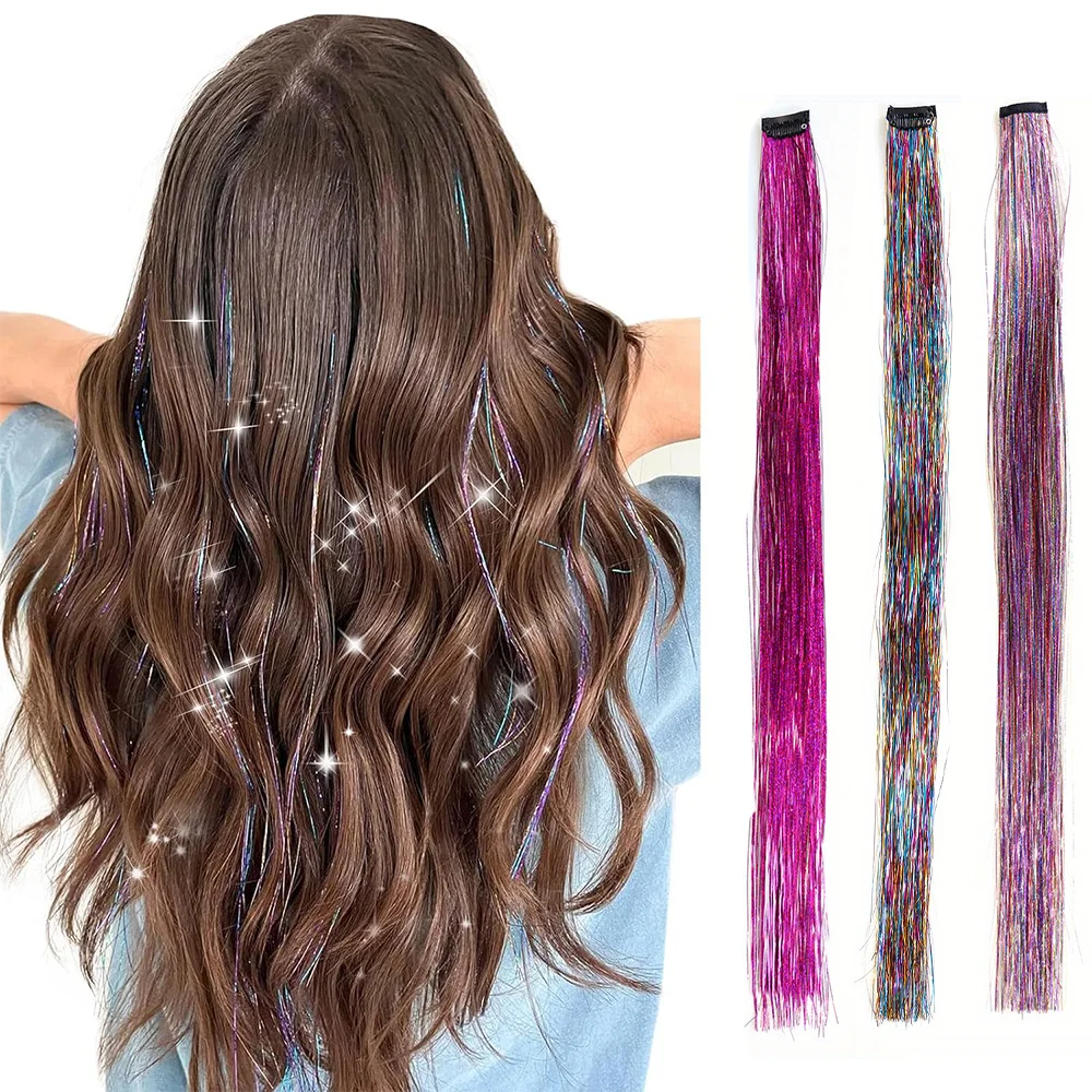 

Synthetic 22 Inch Tinsel Hair Extensions 12 Colors Glitter Hair Extension Gold Sparkling Fairy Hair Tinsel Heat Resistant Hair