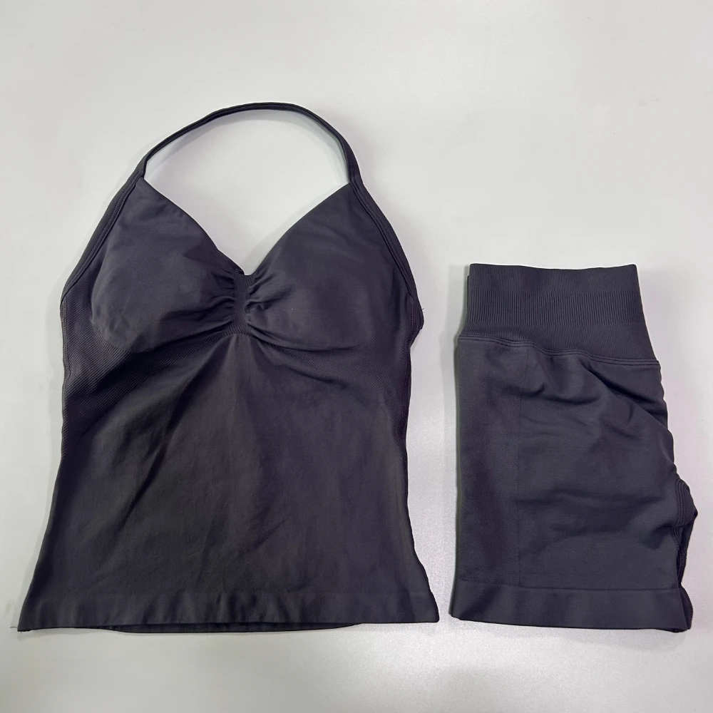 2-teiliges Fitness-Set für Damen: Rückenfreies Tanktop, High-Waist-Shorts mit Raffung, nahtlos, Sportanzug, Fitnesskleidung, Activewear, Workout-Set – Detail 17