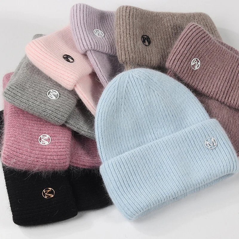 Soft Angora Warm Winter Hat  Woman Rabbit Fur Knitted Hat Ladies Pink Beanies Women Outdoor  Fashion Letter M Hat