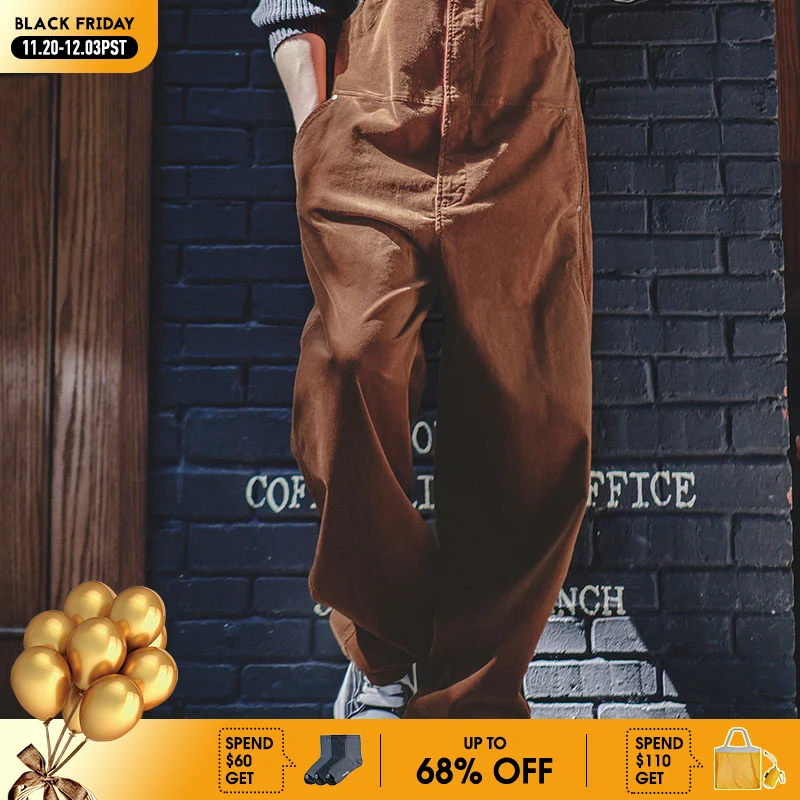 

Maden Retro Corduroy Overalls Solid Color Loose with Pocket Adjustable Suspender Jumpsuit for Men's Spring and Autumn Trousers