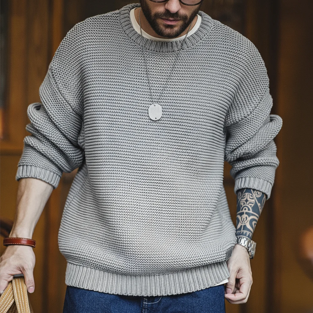 Maden Retro-Schwergewichtsstrickpullover, lockerer Rundhalspullover, warme, vielseitige Basisschicht-Strickwaren für Herren im Herbst und Winter