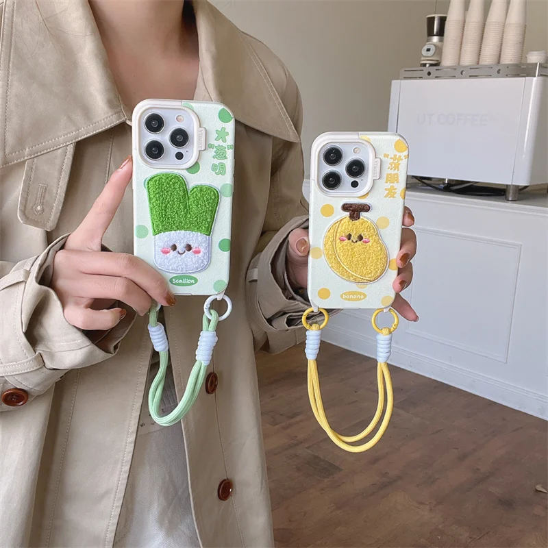 Cute embroidered banana and scallion phone case with wrist strap for iPhone 11 12 13 14 15 16 promax